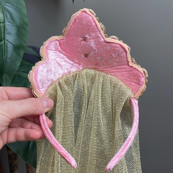 Vintage Headband Velvet Crown Princess Veil Head Accessory Gem Trim Pastel Pink - Picture 3 of 8